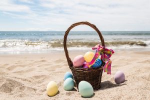 Picture of easter basket on the beach.